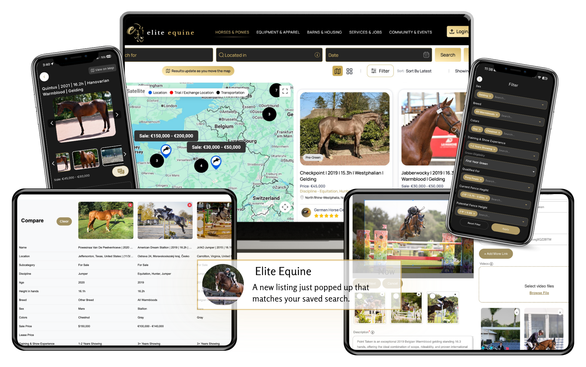 Elite Equine marketplace shown across a laptop, tablets, and phones