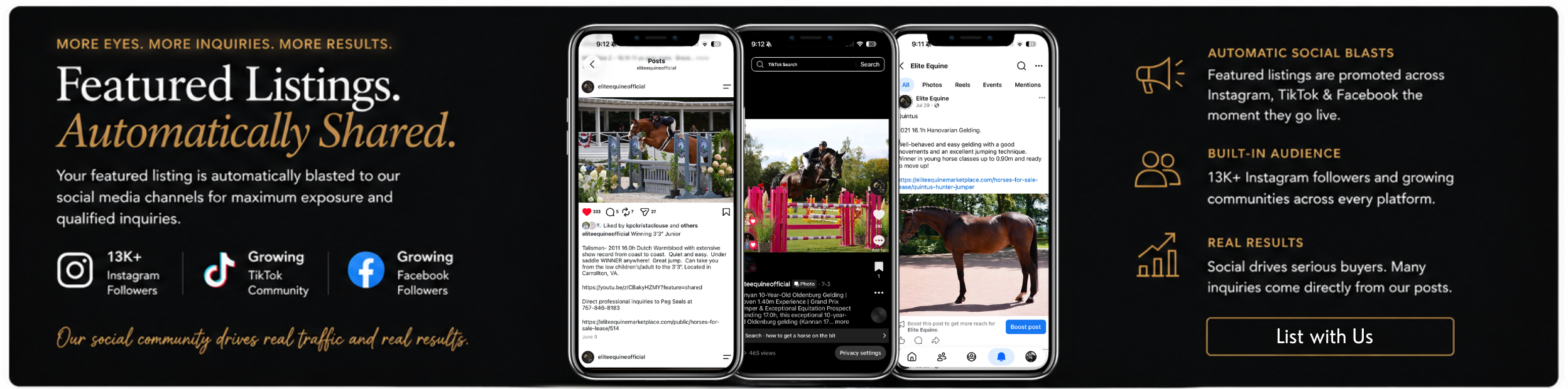 Featured listings are automatically shared across Elite Equine social channels