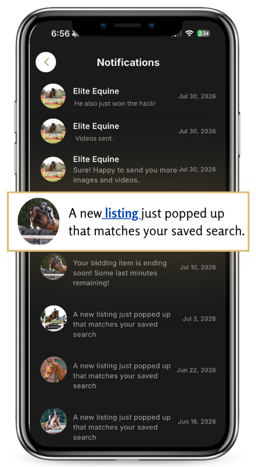 Elite Equine app notifications screen showing a new matching listing alert