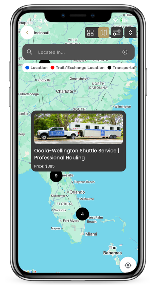 Elite Equine app interactive map showing listing locations
