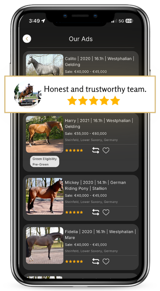 Elite Equine app ads screen showing a 5-star review